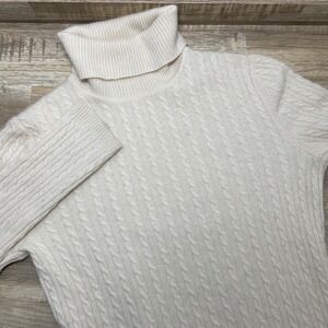 Anne Klein Sport Cream 100% Cashmere Cable Knit Turtleneck Sweater Womens Medium